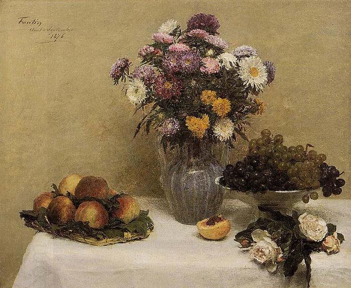 Henri Fantin-Latour White Roses, Chrysanthemums in a Vase, Peaches and Grapes on a Table with a White Tablecloth China oil painting art